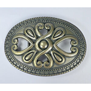 Vintage Western Belt Buckle Brass Tone Oval Filigree Scroll Design Mens 90s